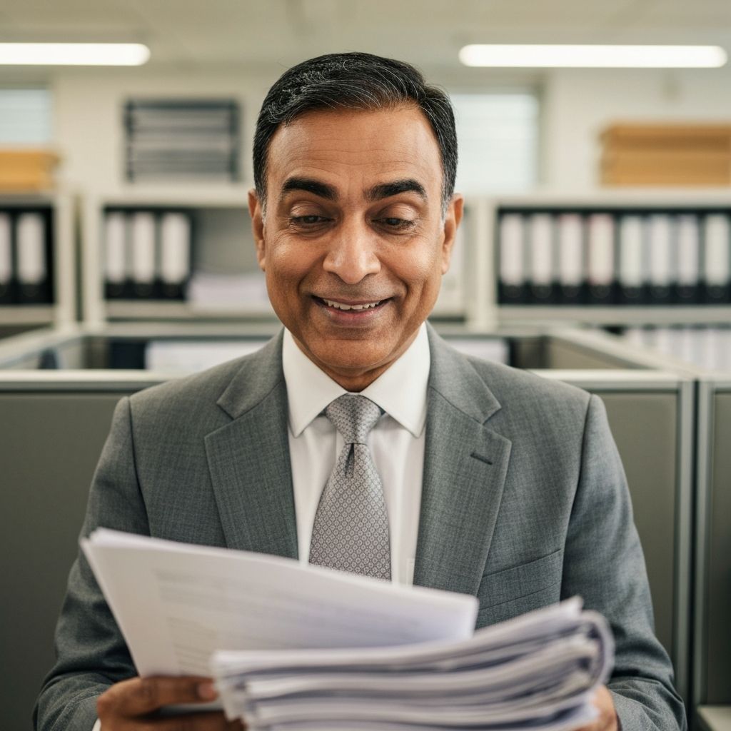 Businessman reviewing cleared debt documents with relief