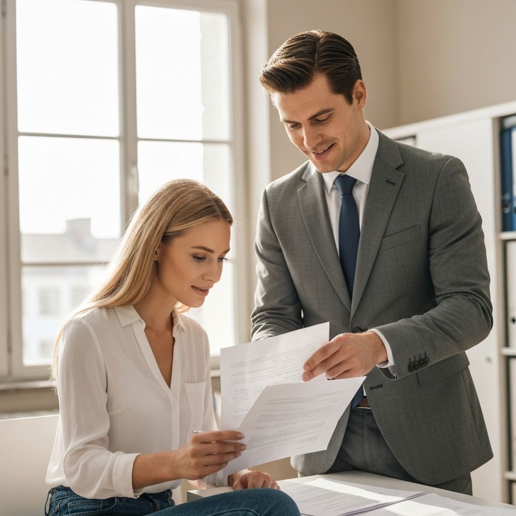 Professional consultant helping client with paperwork