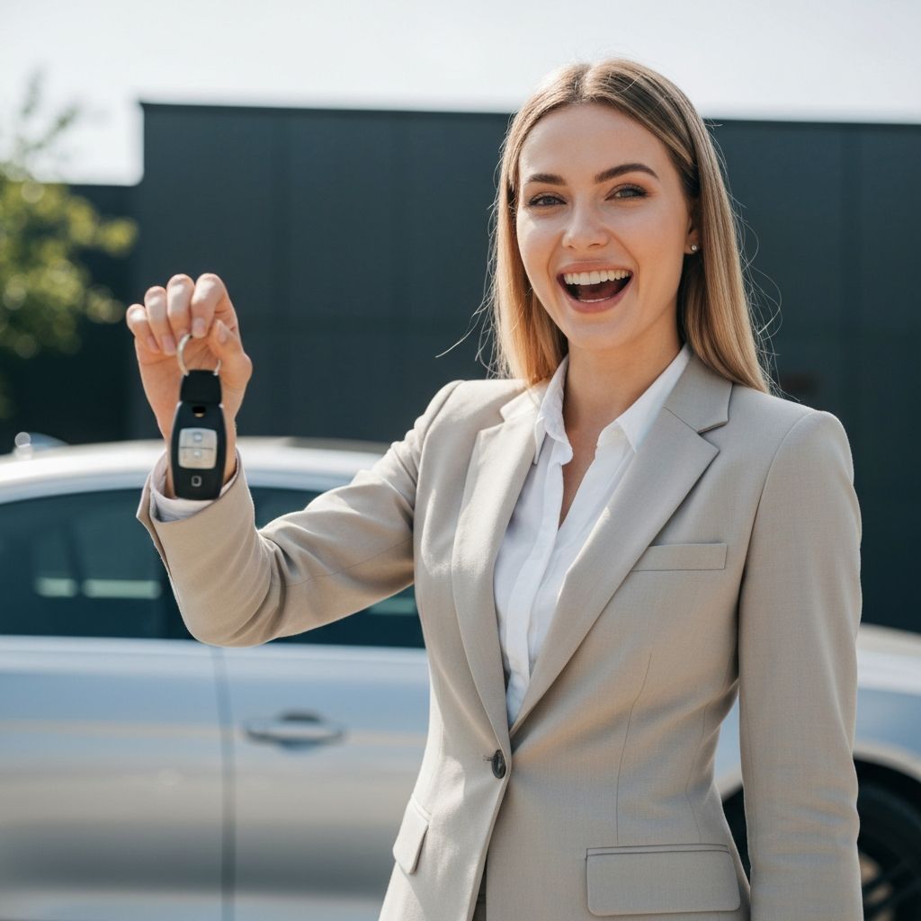 Young professional holding car keys with excitement
